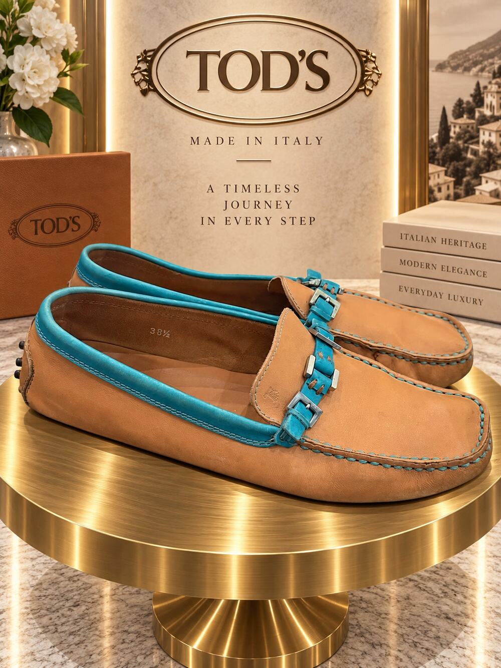 Tod’s Tan Turquoise Leather Buckle Driving Loafers Women’s US 8.5 EU 38.5
